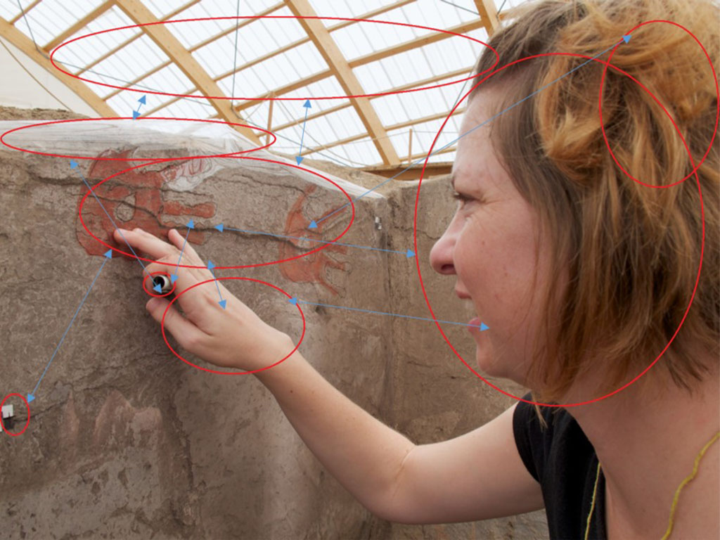 Analysis being conducted on a photograph from Ҫatalhӧyük in order to show how its symbols interrelate to give the image meaning. Photograph taken by Jason Quinlan; annotations by Andrew Henderson.