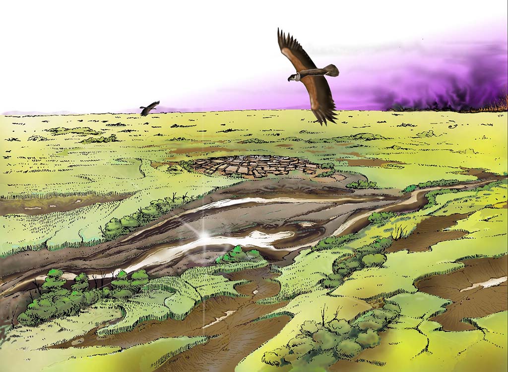 Landscape illustration of Ҫatalhöyük by John Swogger.