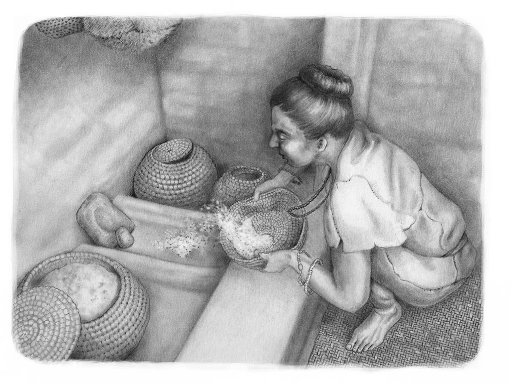 A reconstruction of a woman at Ҫatalhӧyük using baskets. Illustrated by Kathryn Killackey.