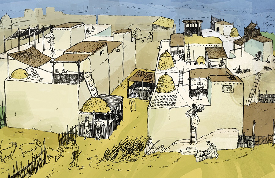 Reconstruction of village life at Çatalhöyük. Illustration by John Swogger.
