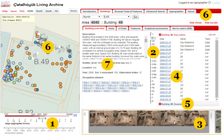 Screen of the Living Archive showing many kinds of information related to Buildings at Catalhöyük.