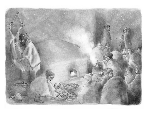A reconstruction of the activities that occurred within a typical house at Çatalhöyük. Illustrated by Kathryn Killackey.