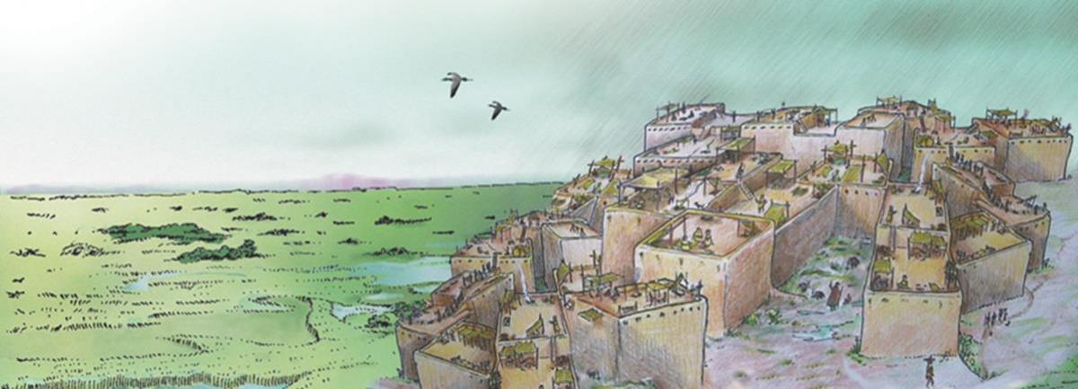 Reconstruction of the settlement in its wider landscape. Illustrated by John Swogger.