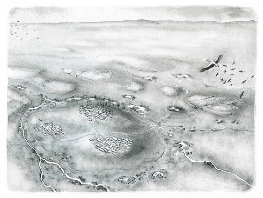 Illustration depicting the East and West Mounds. Illustrated by Kathryn Killackey.
