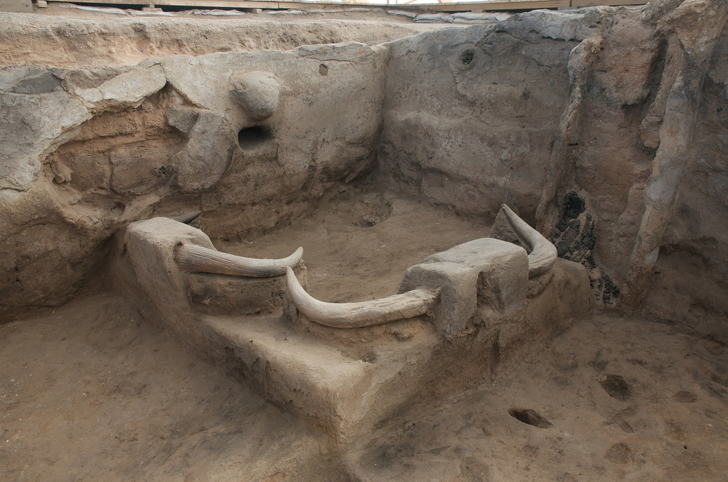 A photograph showing a house platform at Çatalhöyük with bull horn installations and hand prints on the wall.